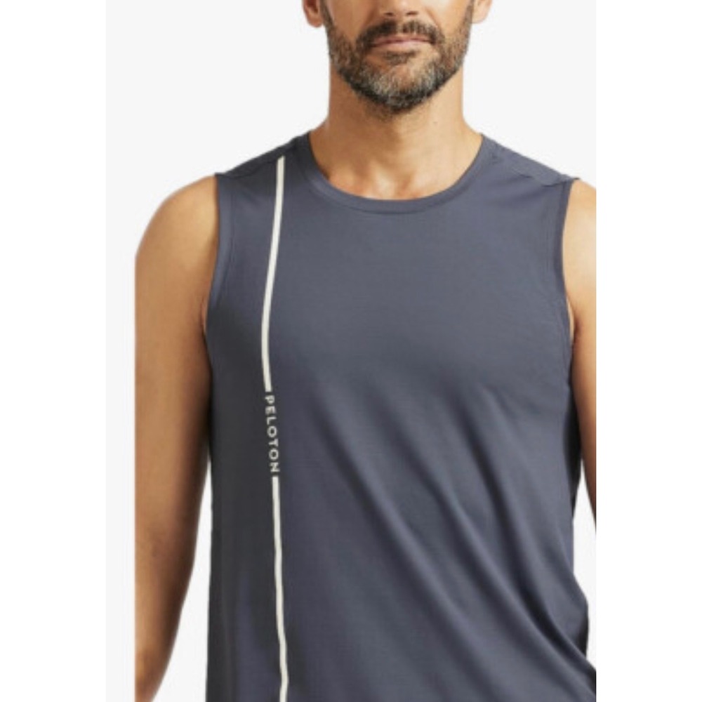 Peloton Men's‎ Striving Muscle Tank in gray blue vertical striped logo XS NWT